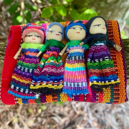 Four Large Big Worry Dolls in a handwoven textile bag