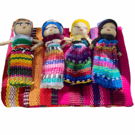 Four Large Big Worry Dolls in a handwoven textile bag