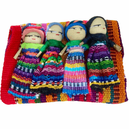 Four Large Big Worry Dolls in a handwoven textile bag