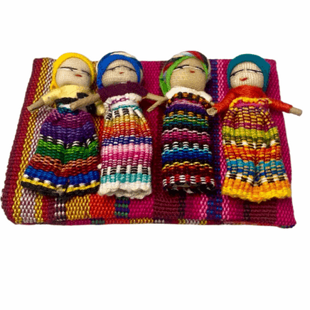 Four Large Big Worry Dolls in a handwoven textile bag