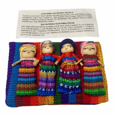 Four Large Big Worry Dolls in a handwoven textile bag
