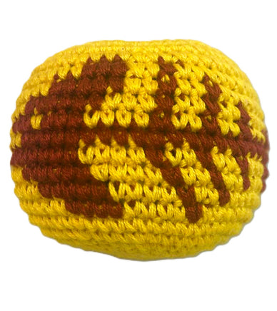 Crocheted ball with yellow and brown pattern on a white background