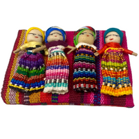 Four Large Big Worry Dolls in a handwoven textile bag