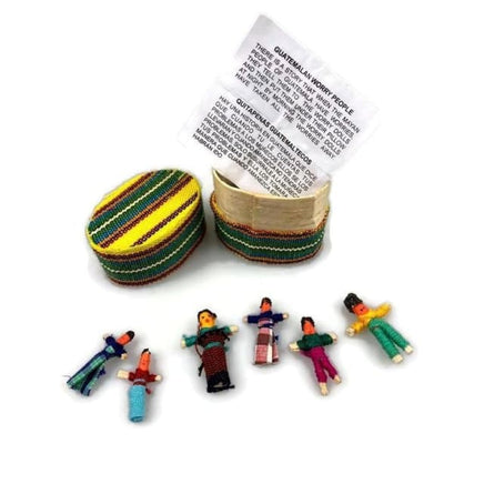 6 Mini Worry Dolls In a Box Covered in Traditional Fabric Worry Dolls