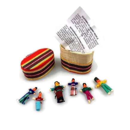 6 Mini Worry Dolls In a Box Covered in Traditional Fabric Worry Dolls