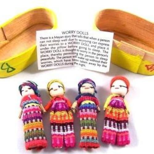 Big Worry Dolls in a traditional box Mayan Mexican Box with Printed Story Made Guatemala Fair Trade Worry Dolls